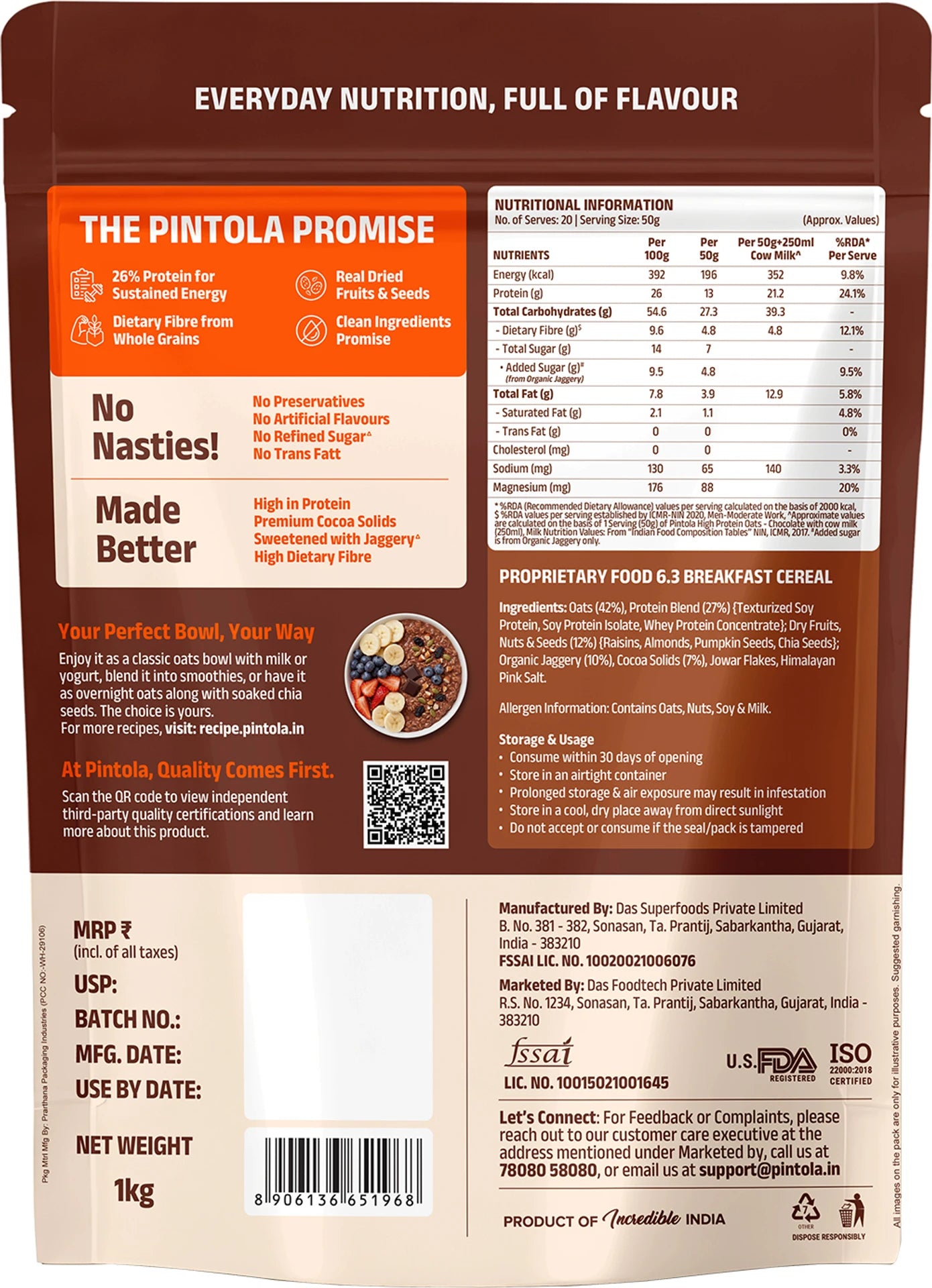 Pintola 26g High Protein Oats, Dark Chocolate