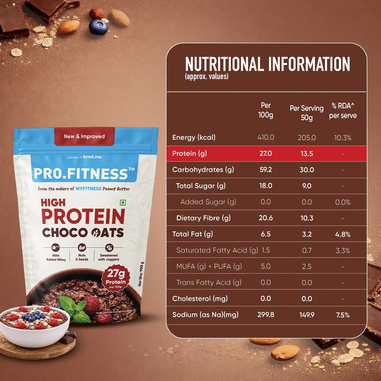 Pro.Fitness High Protein Chocolate Oats | Dark Chocolate | Healthy Oats With Nuts, Seeds & Added Whey