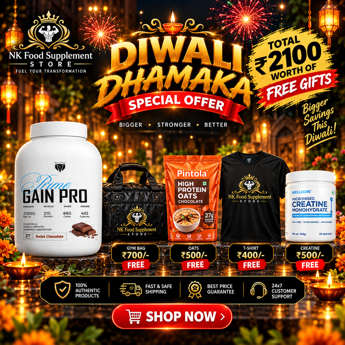 MuscleTork Prime Gain Pro  Free item (GYM Bag + Pintola High Protein Oats + GYM T-shirt + Wellcore Creatine Monohydrate )