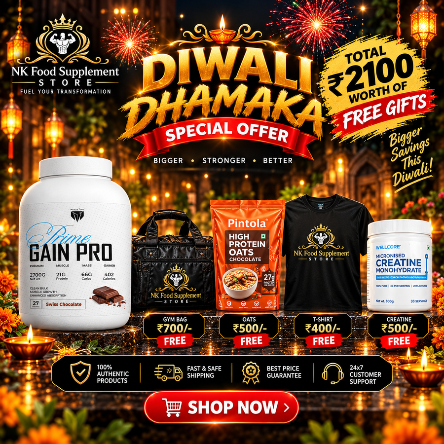 MuscleTork Prime Gain Pro  Free item (GYM Bag + Pintola High Protein Oats + GYM T-shirt + Wellcore Creatine Monohydrate )