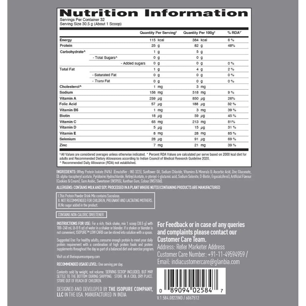 Isopure Low Carb 100% Whey Protein Isolate Powder